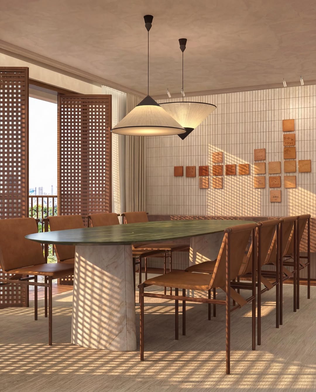 Sala de jantar com mesa oval e cadeiras de couro