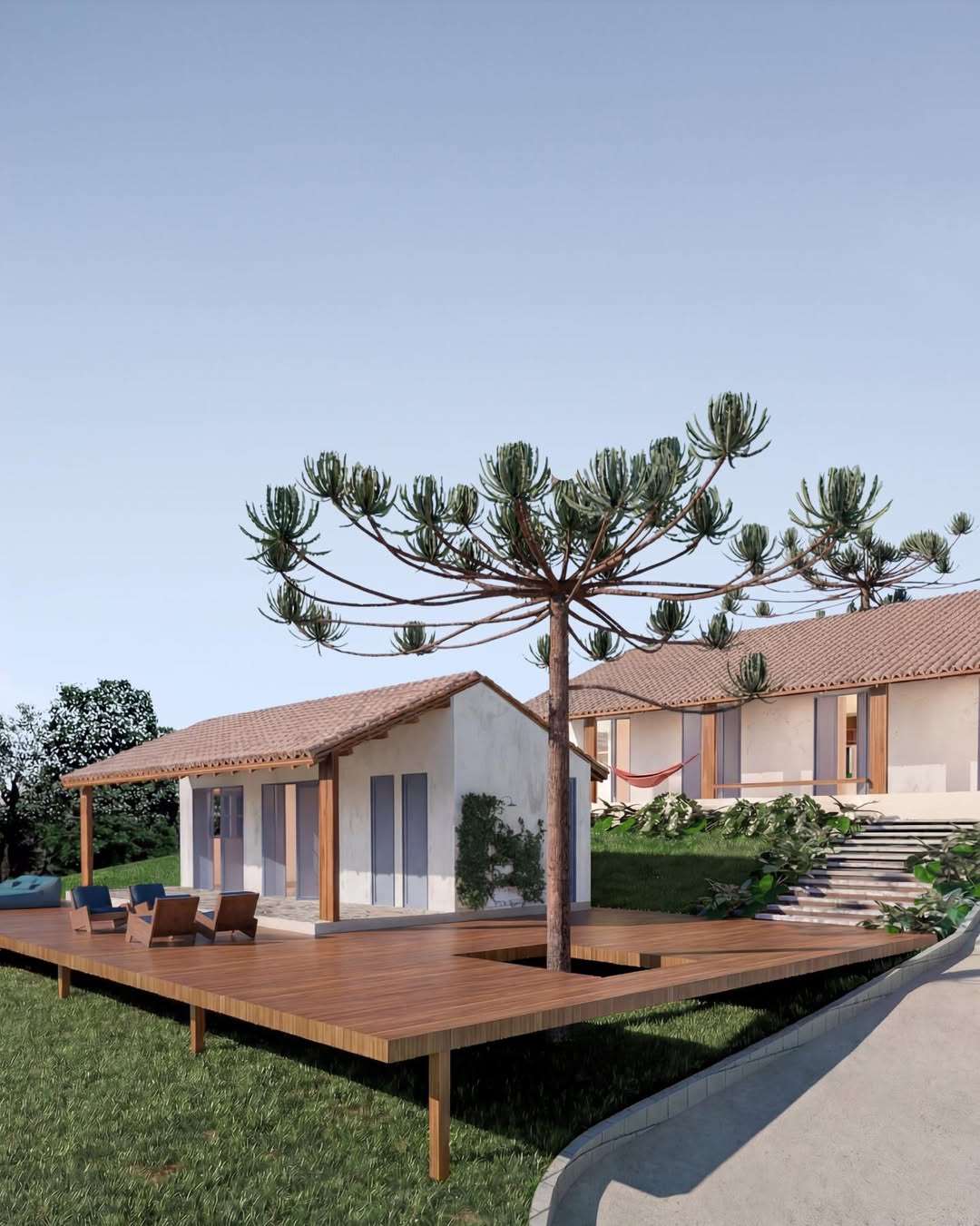 Casa de campo com deck de madeira e araucária